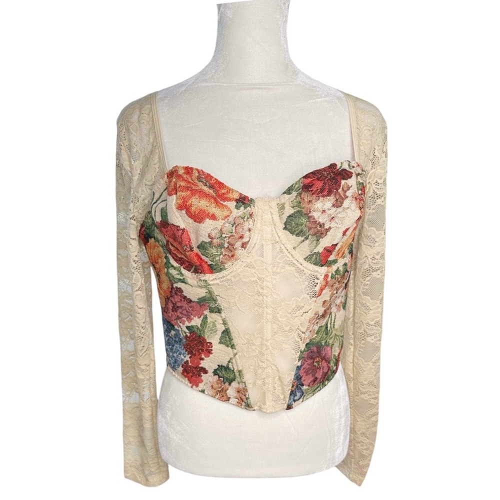 Floral Tapestry Corset Top Lace Sleeves Bustier Sweetheart Bodice Renaissance